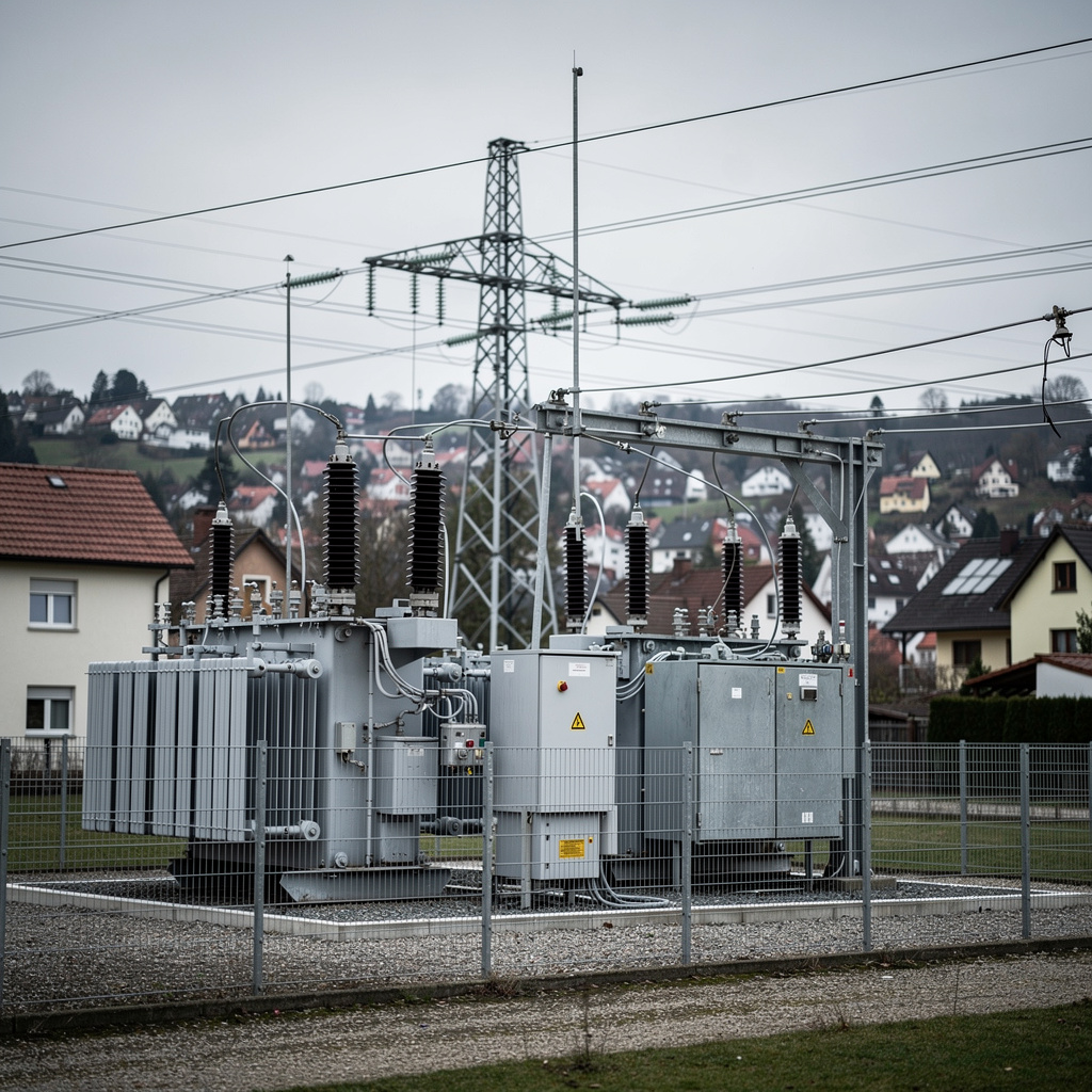 Umspannwerk mit Transformatoren am Ortsrand