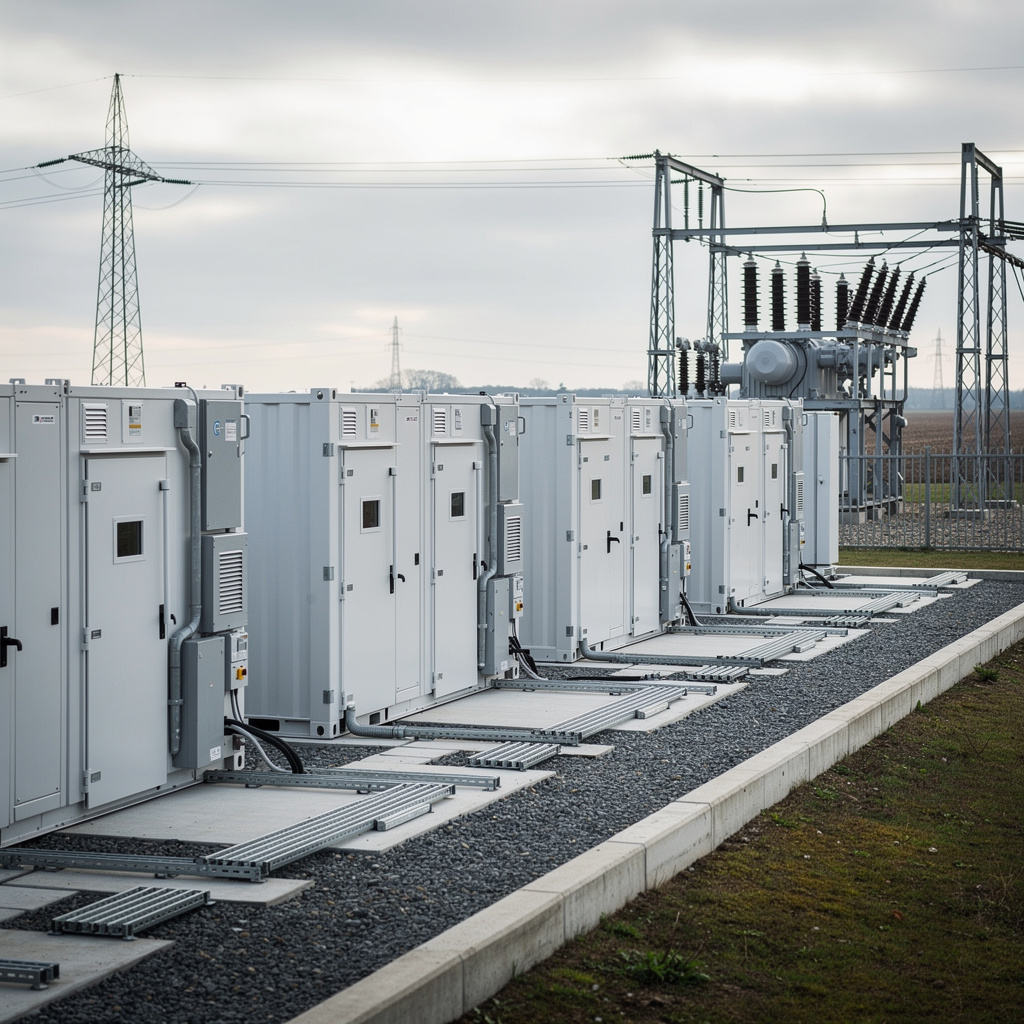 Großbatteriespeicher neben einem Umspannwerk