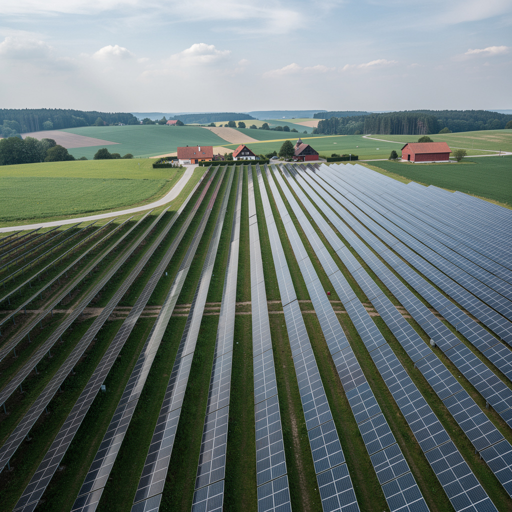 Photovoltaik-Freiflächenanlage in sommerlicher Landschaft